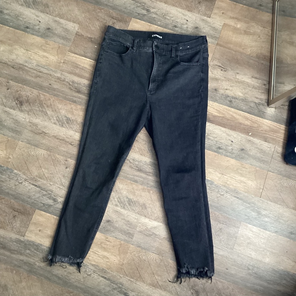 Express Black Skinny Jeans with Frayed Hem - Picture 1 of 8